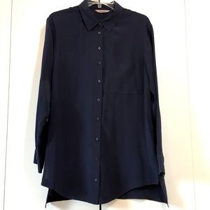 Athleta Oversize Washable 100% Silk Navy Blue Button Down Long Sleeve Shirt Sz S